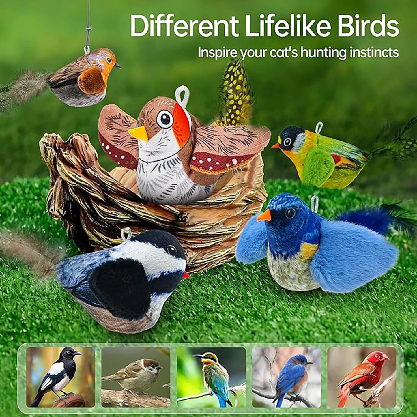 Juguete Interactivo de Pájaros para Gatos - Juguete Colgante con Sonido y Hierba Gatera